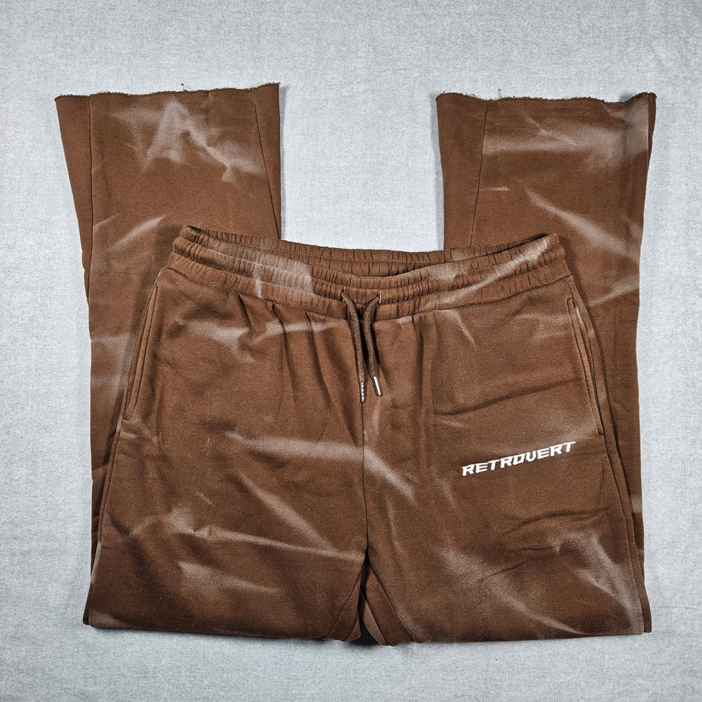 Retrovert Mens‎ XL Brown Flare Sweatpants Faded Star Embroidery Raw Hem